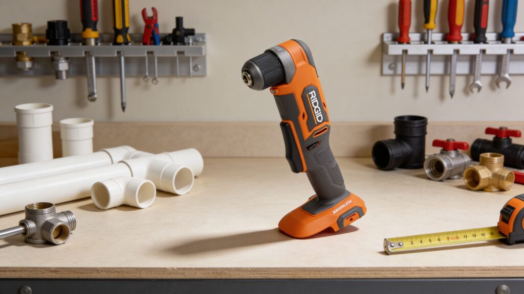 Right-angle drill being used to drill through framing inside a tight plumbing installation space