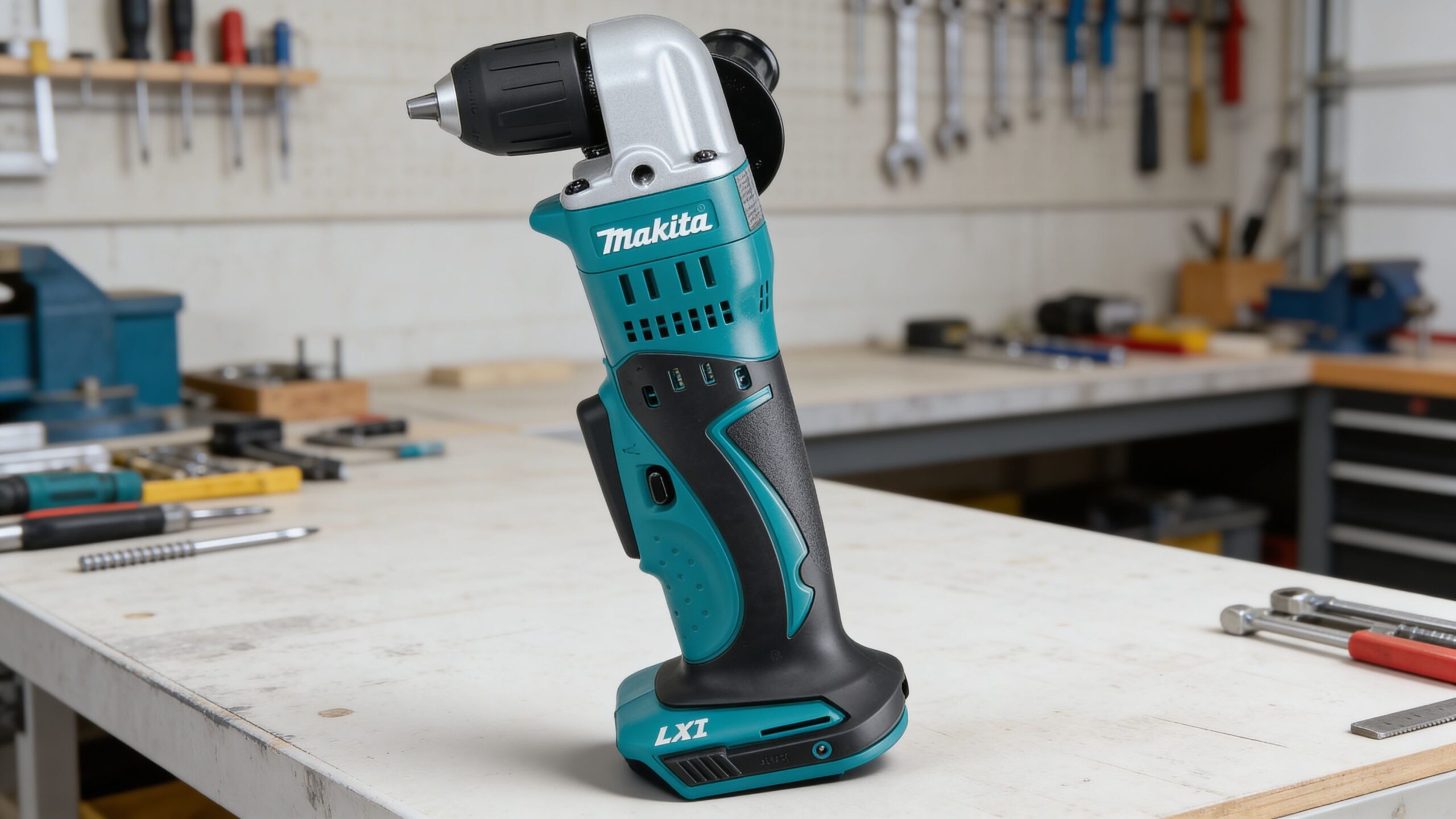 Professional contractor using a right-angle drill in a tight framing space on a job site
