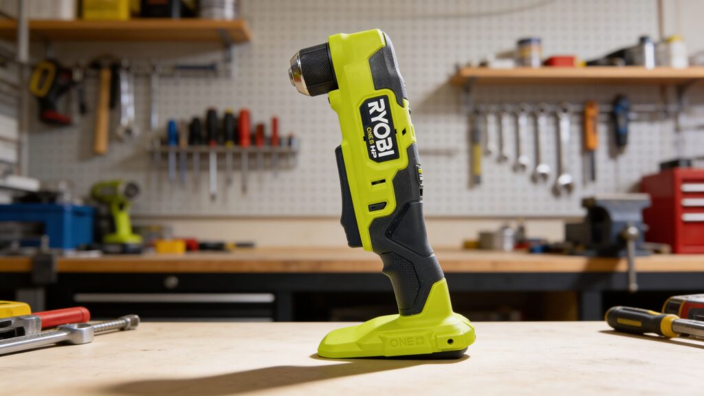 Right-angle drill operating in a tight cabinet space, showcasing compact head design and close-quarters drilling performance