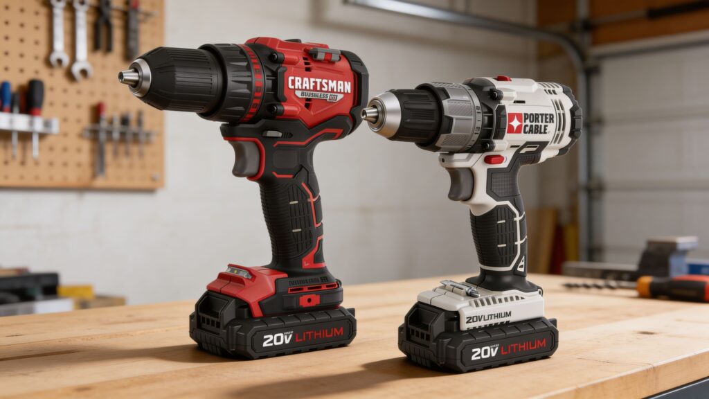 Single-speed and two-speed hammer drills side by side on a workshop bench highlighting gearbox selector and speed control differences