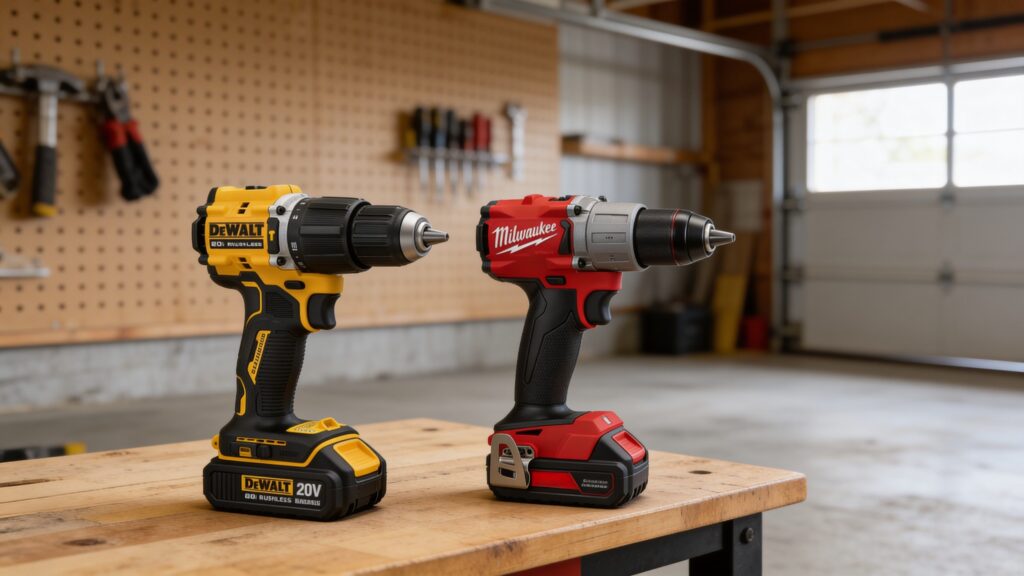 Standard duty and heavy duty hammer drills positioned side by side on a workshop bench for professional comparison