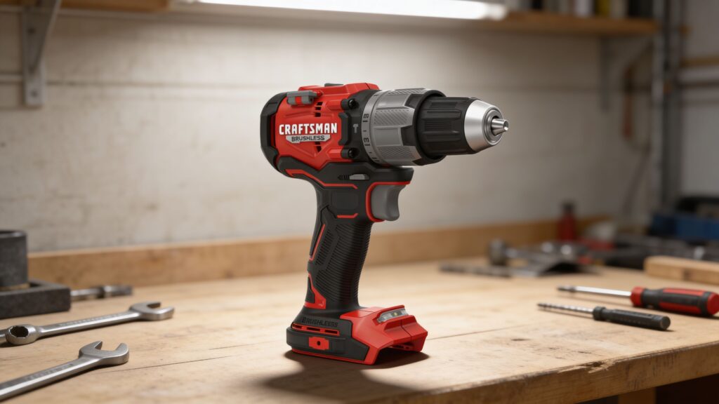 Side-by-side view of a hammer drill and a standard drill on a clean workshop surface, highlighting differences in design, size, and front housing structure in a neutral studio setting