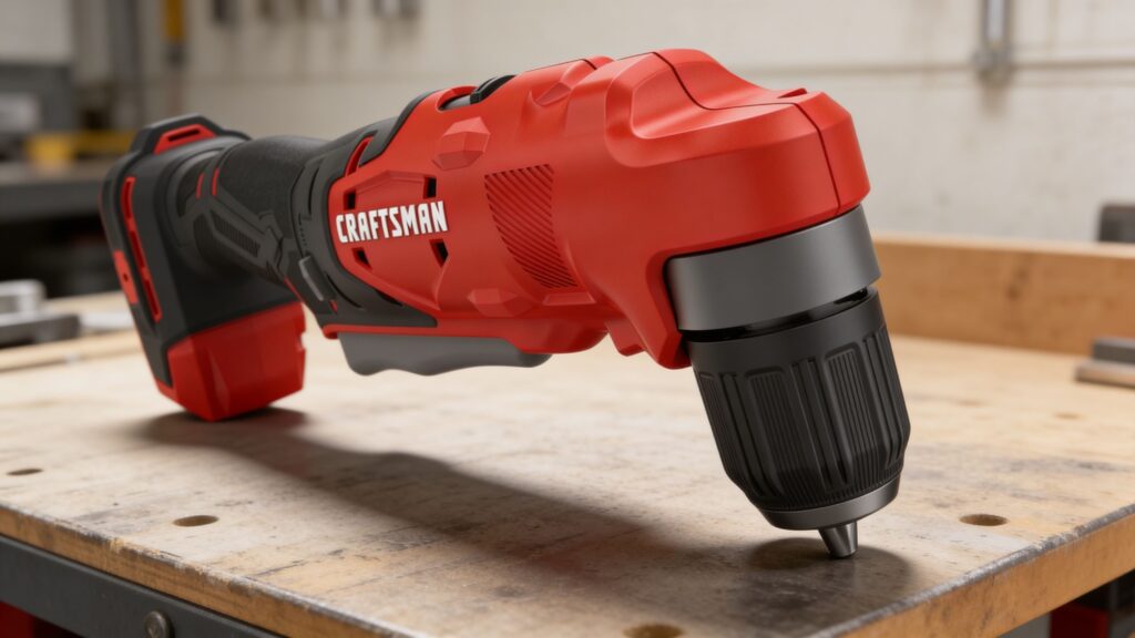 Right-angle drill positioned next to a standard drill on a workbench highlighting the compact 90-degree head design used for tight spaces