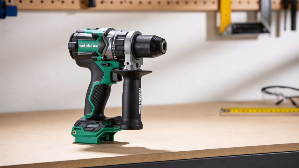 Hammer drill being used to drill into concrete masonry while a standard drill rests nearby on a workshop surface
