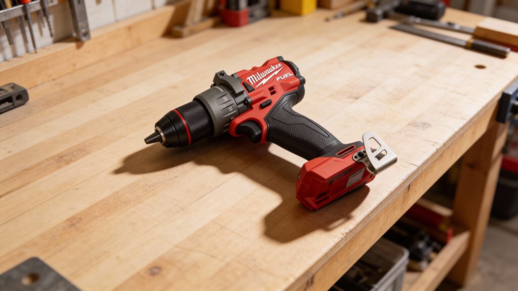 Close-up of a cordless drill chuck holding a drill bit, highlighting chuck size and gripping mechanism details