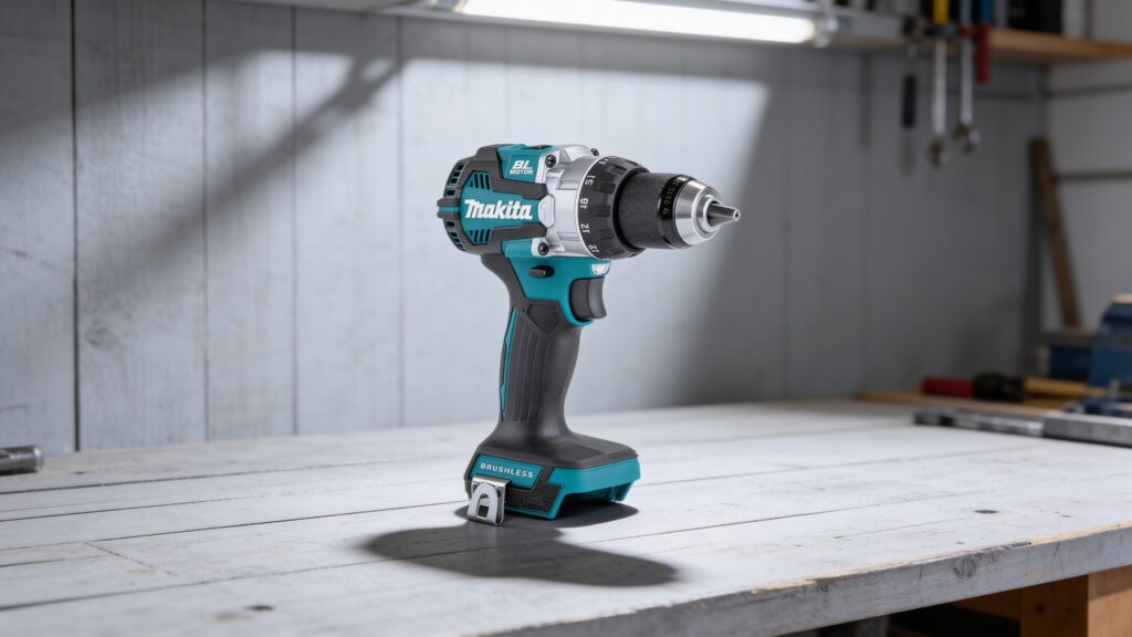 Cordless hammer drill driving into concrete wall showing internal impact mechanism power in a professional workshop setting