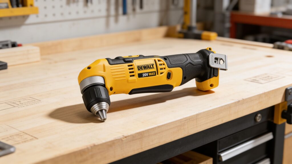 Close-up of a right-angle drill head driving a screw in a tight corner, highlighting compact gear housing and 90-degree head design for confined spaces.