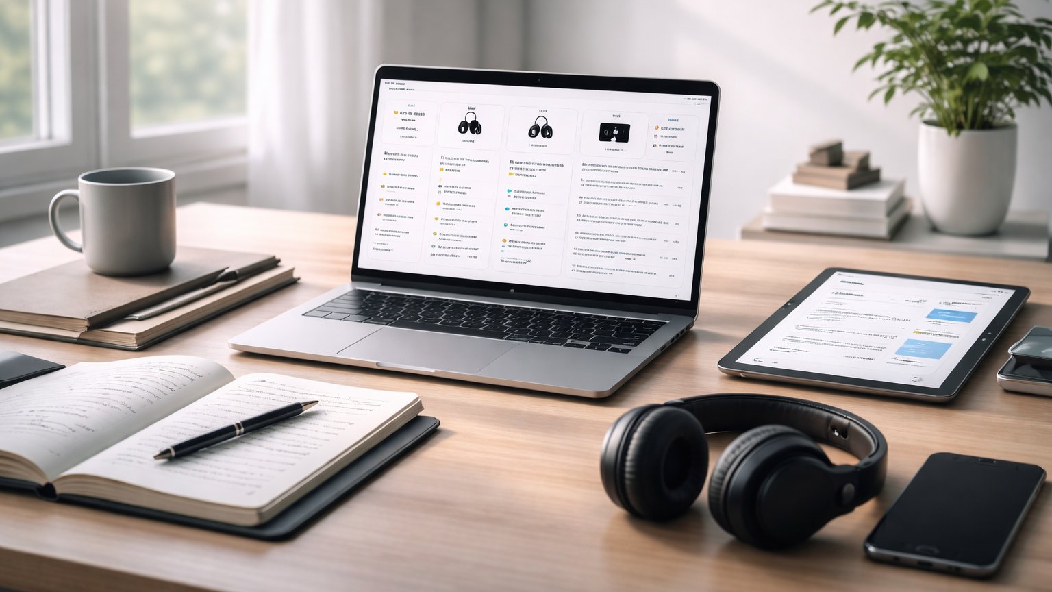 Modern editorial workspace with laptop, notes, and product research materials