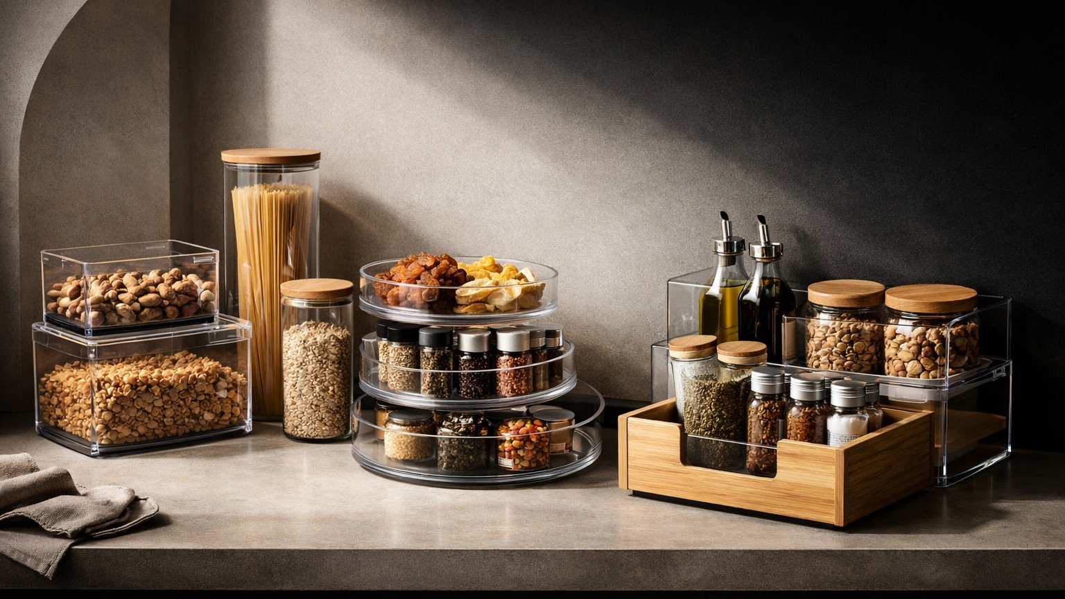 Pantry organizer shelves and bins for kitchen food storage