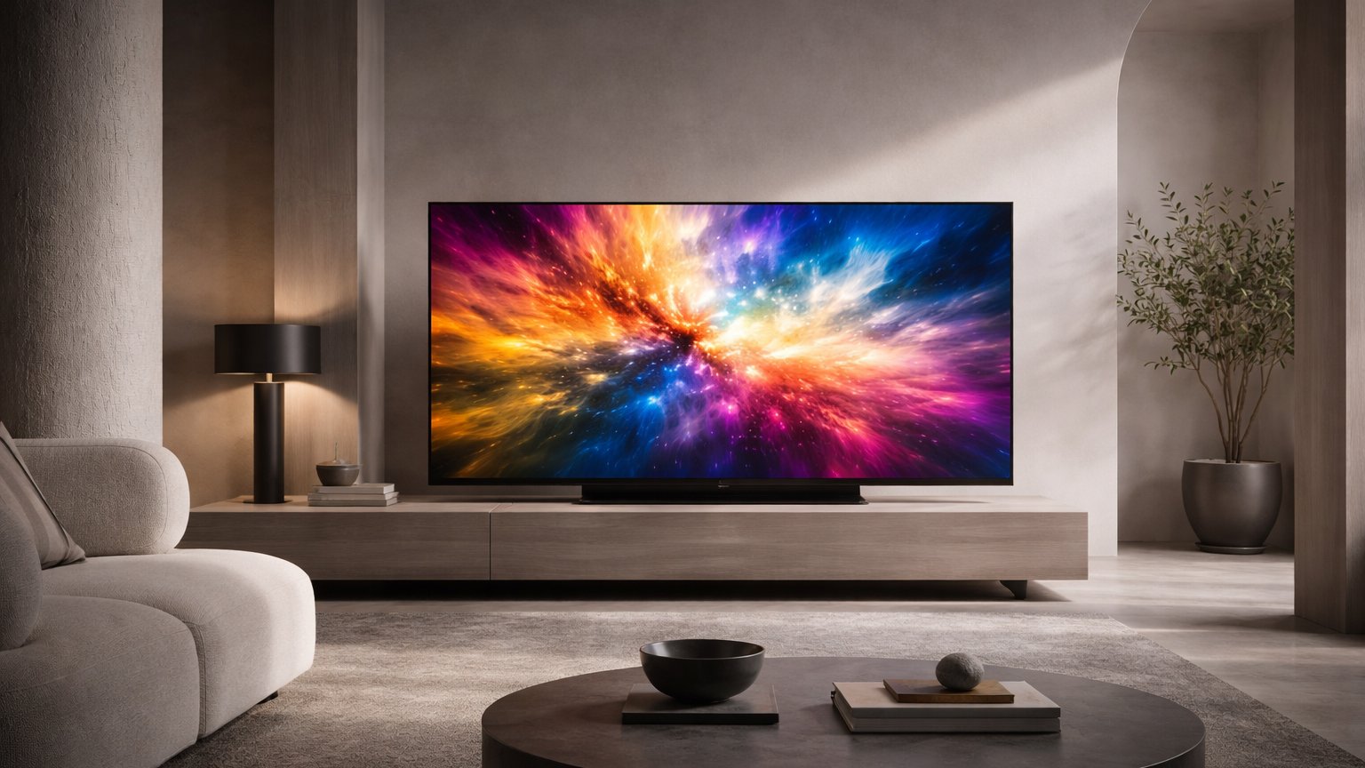 QLED television with bright vibrant colors in a modern living room
