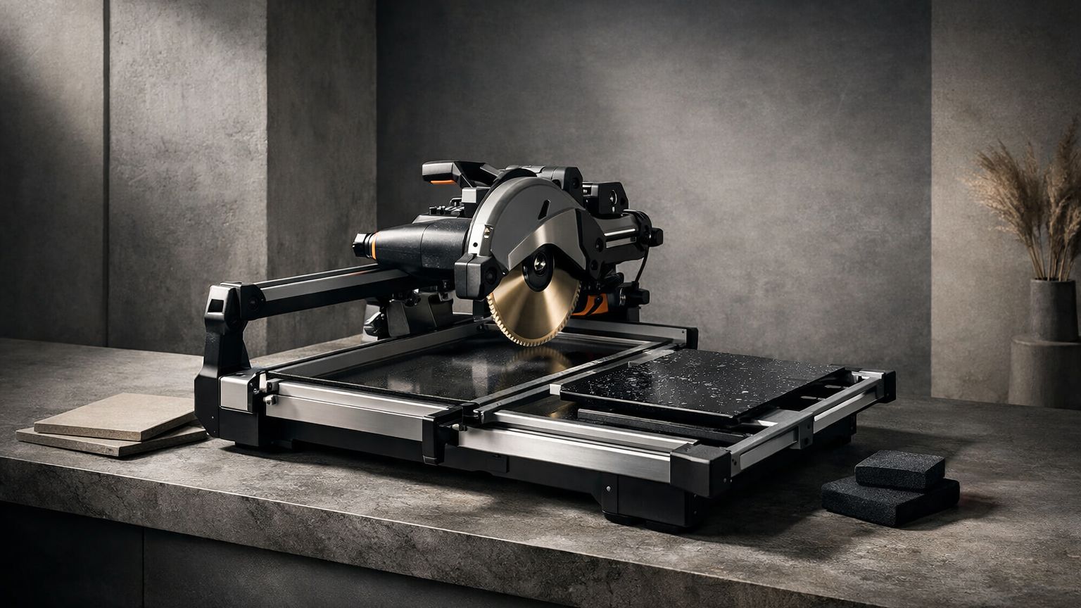 Wet tile saw cutting ceramic tile representing tile saw reviews