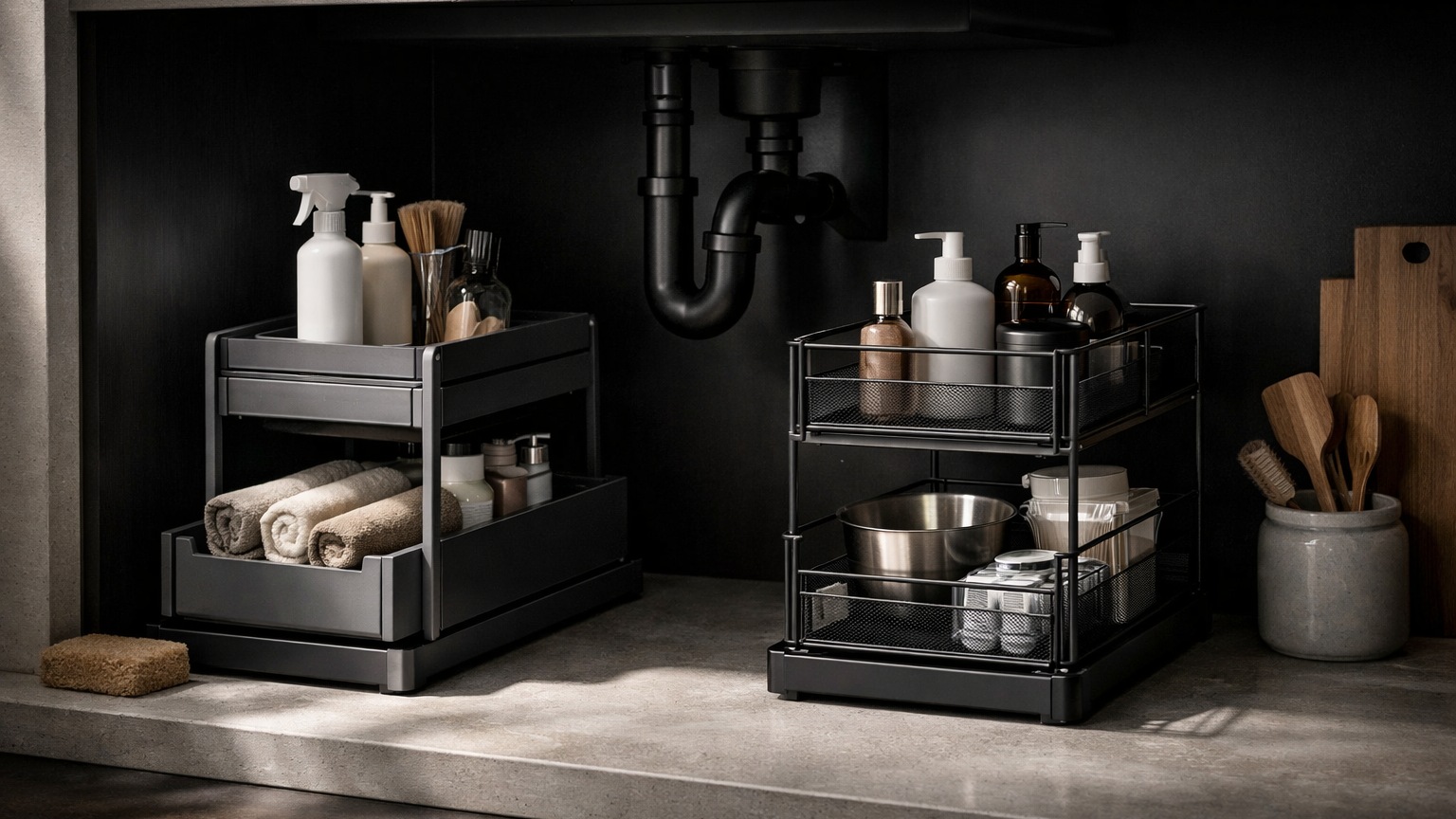 Under sink organizer shelves for cleaning supplies and kitchen storage