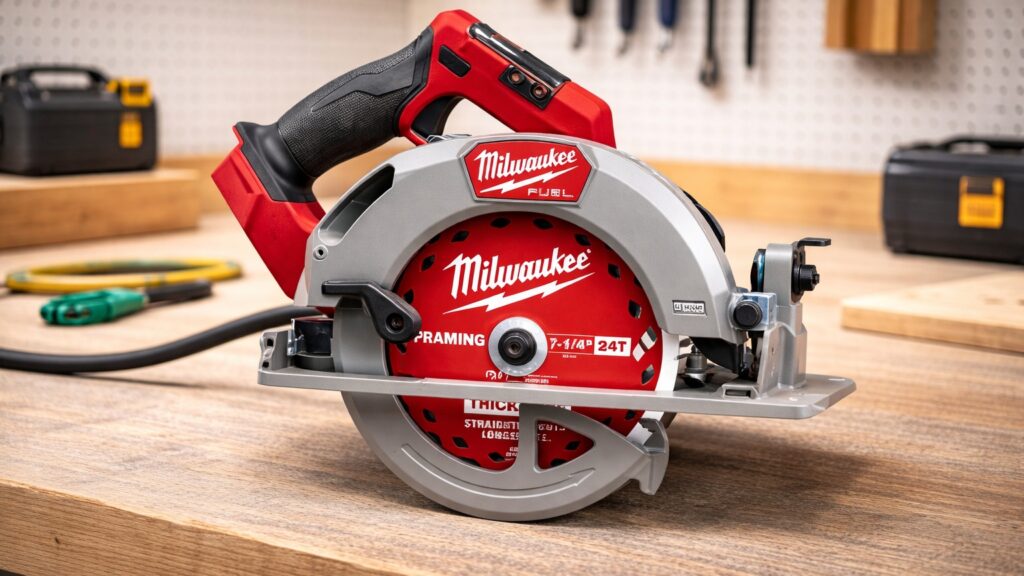 Circular saw resting on a clean workshop bench with wood boards and measuring tools, representing a home DIY circular saw buying guide