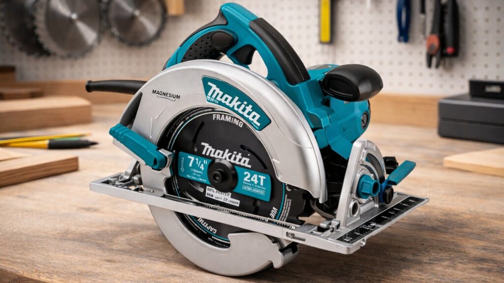 Circular saw on a clean workshop bench with multiple blade sizes and adjustment features visible, illustrating how to choose the right circular saw