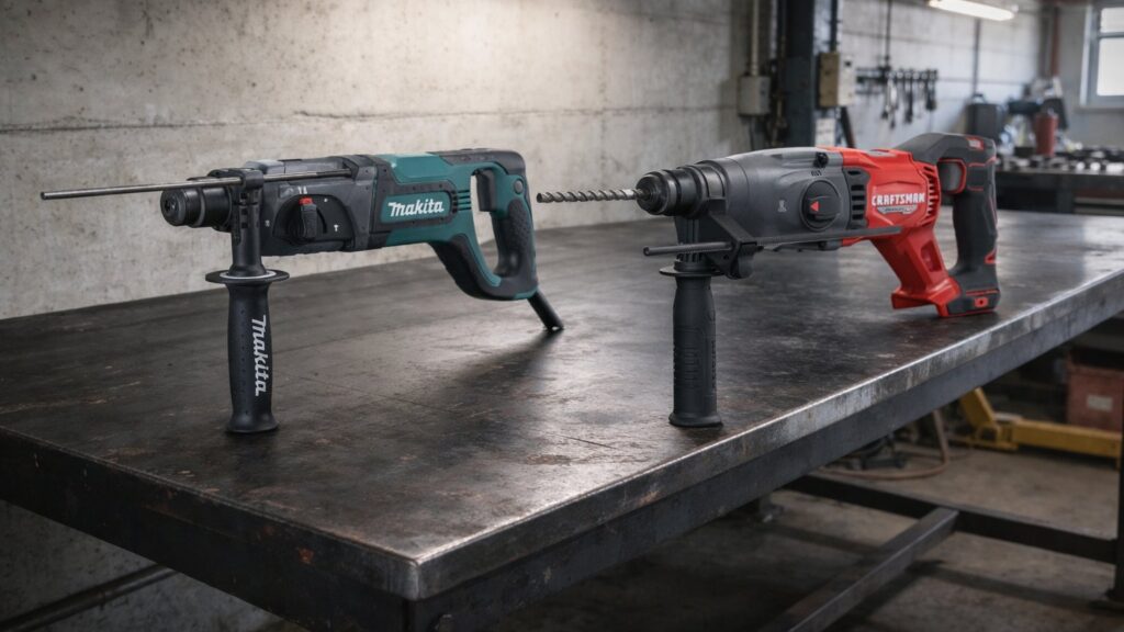 Side-by-side comparison of corded and cordless power tools in a clean editorial image