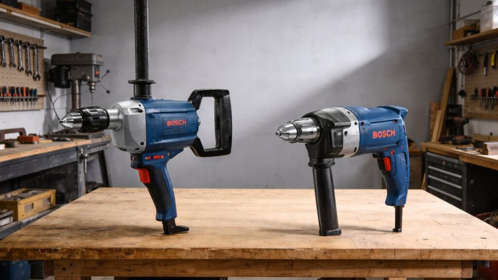 Side-by-side comparison of high-torque and standard-torque mixing drills on a jobsite surface, highlighting size, motor housing, and paddle design differences.