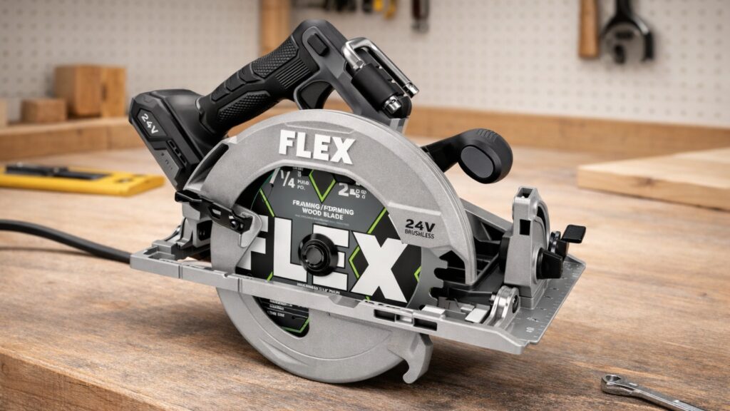 Circular saw on a workbench with the base plate tilted to demonstrate bevel adjustment angle for angled cutting