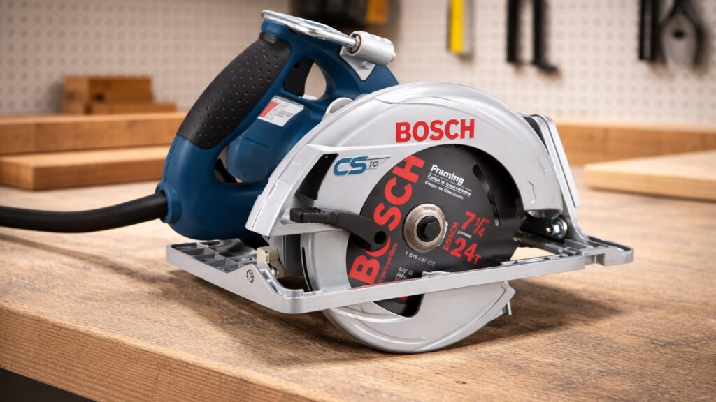 circular saw showing depth adjustment mechanism with base plate and blade depth set above wood surface in workshop setting
