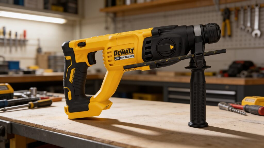 Professional rotary hammer drill setup arranged for concrete work, featuring drill, bits, side handle, depth rod, safety gear, and masonry materials in a clean workshop setting