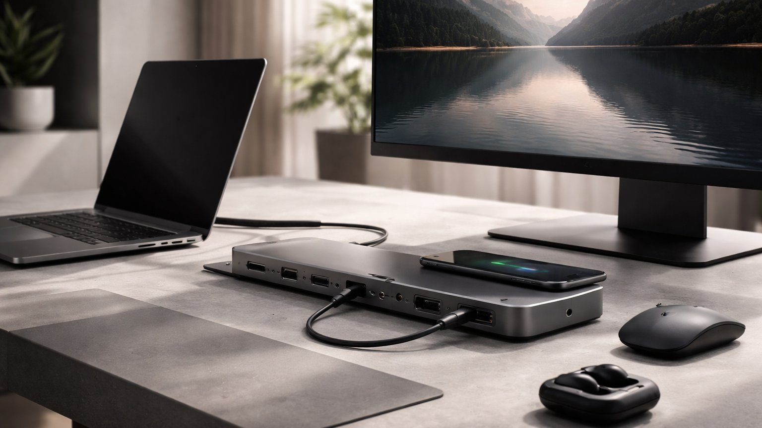 Laptop dock setup with multiple connected devices