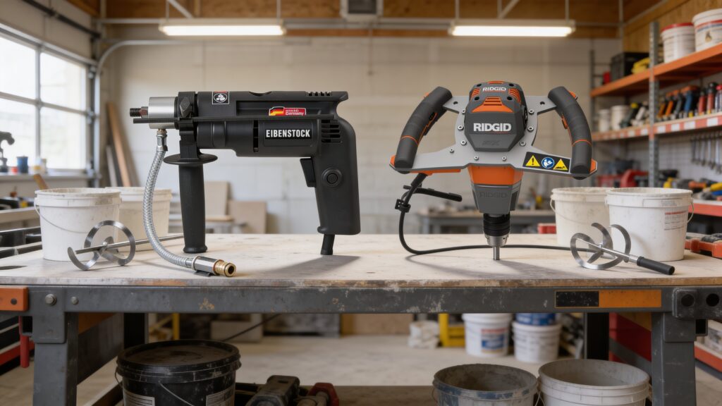 Single-speed and variable-speed mixing drills positioned side by side on a workshop bench for comparison