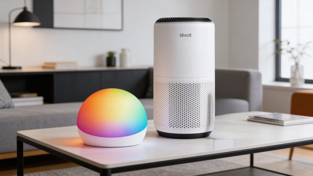 Modern smart home devices like smart thermostats, lighting, and voice assistants displayed alongside traditional home appliances in a stylish contemporary living space