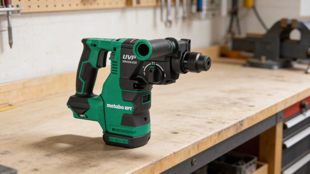 Construction worker using a rotary hammer drill on a concrete wall to demonstrate when a rotary hammer drill is more suitable than a standard hammer drill