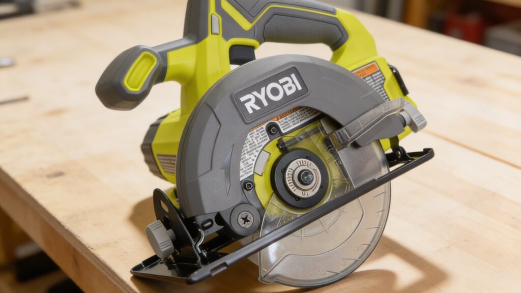 Different circular saw blade sizes lined up on a workbench, showing size variations and cutting depth differences in a workshop setting