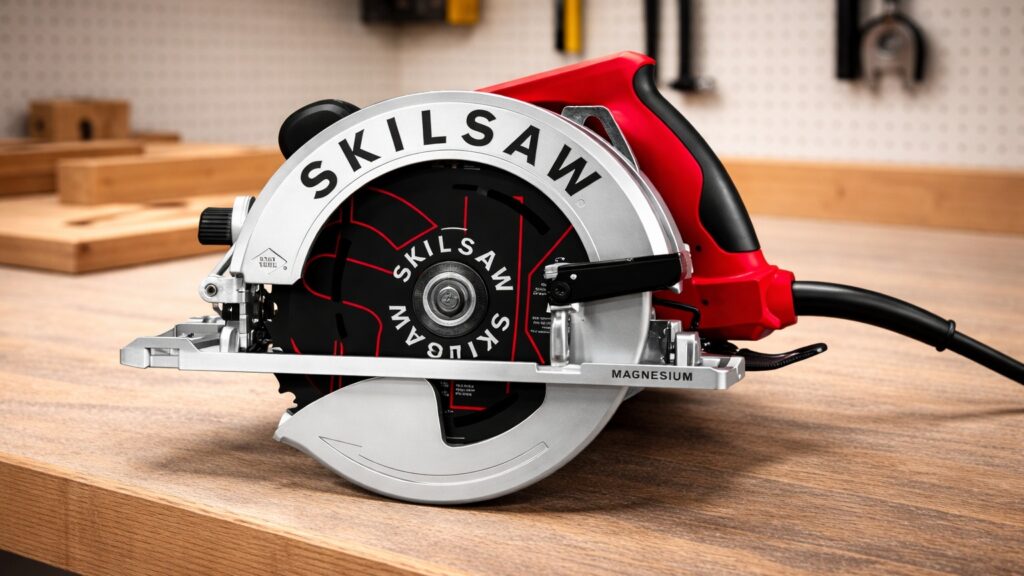 Circular saw on a workshop bench highlighting blade speed and RPM performance for cutting efficiency