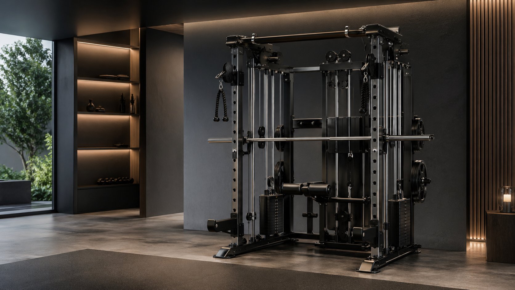 All-in-one Smith machine representing complete home gym training