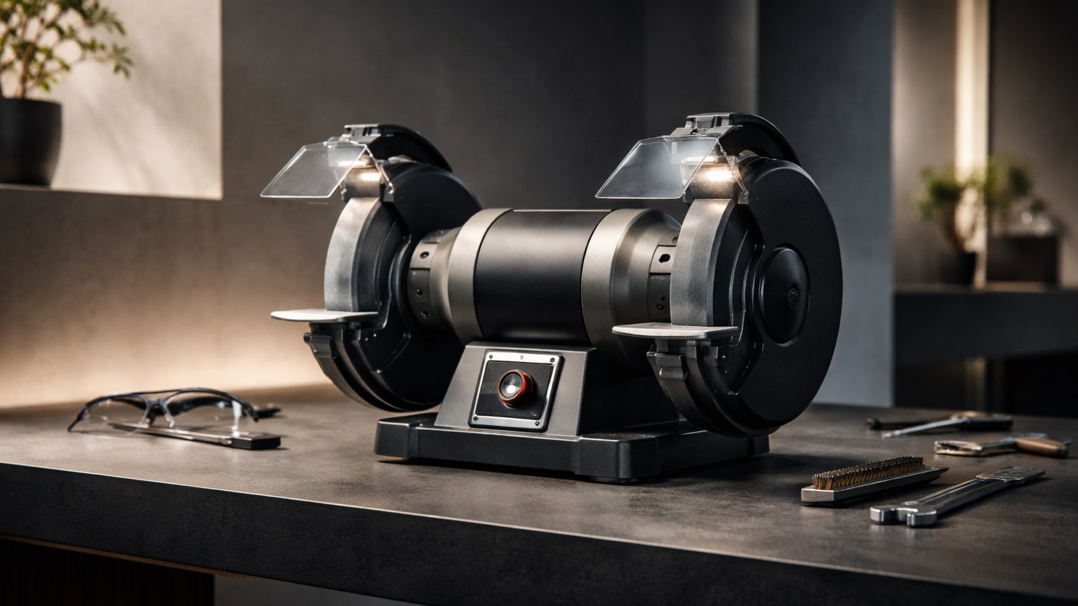Bench grinder representing sharpening and shaping work