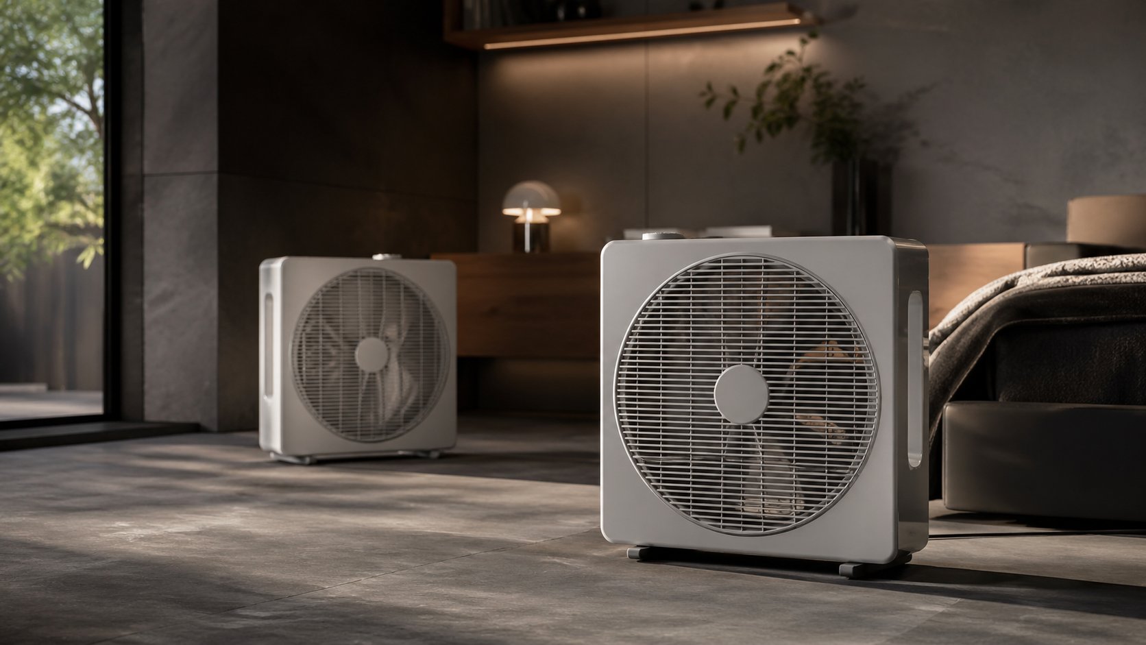 Box fan representing high airflow and window ventilation