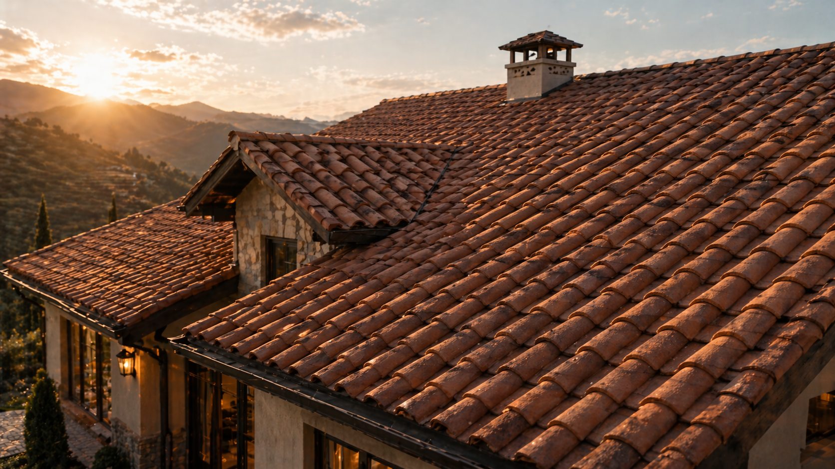 Clay roof tiles on Mediterranean style home