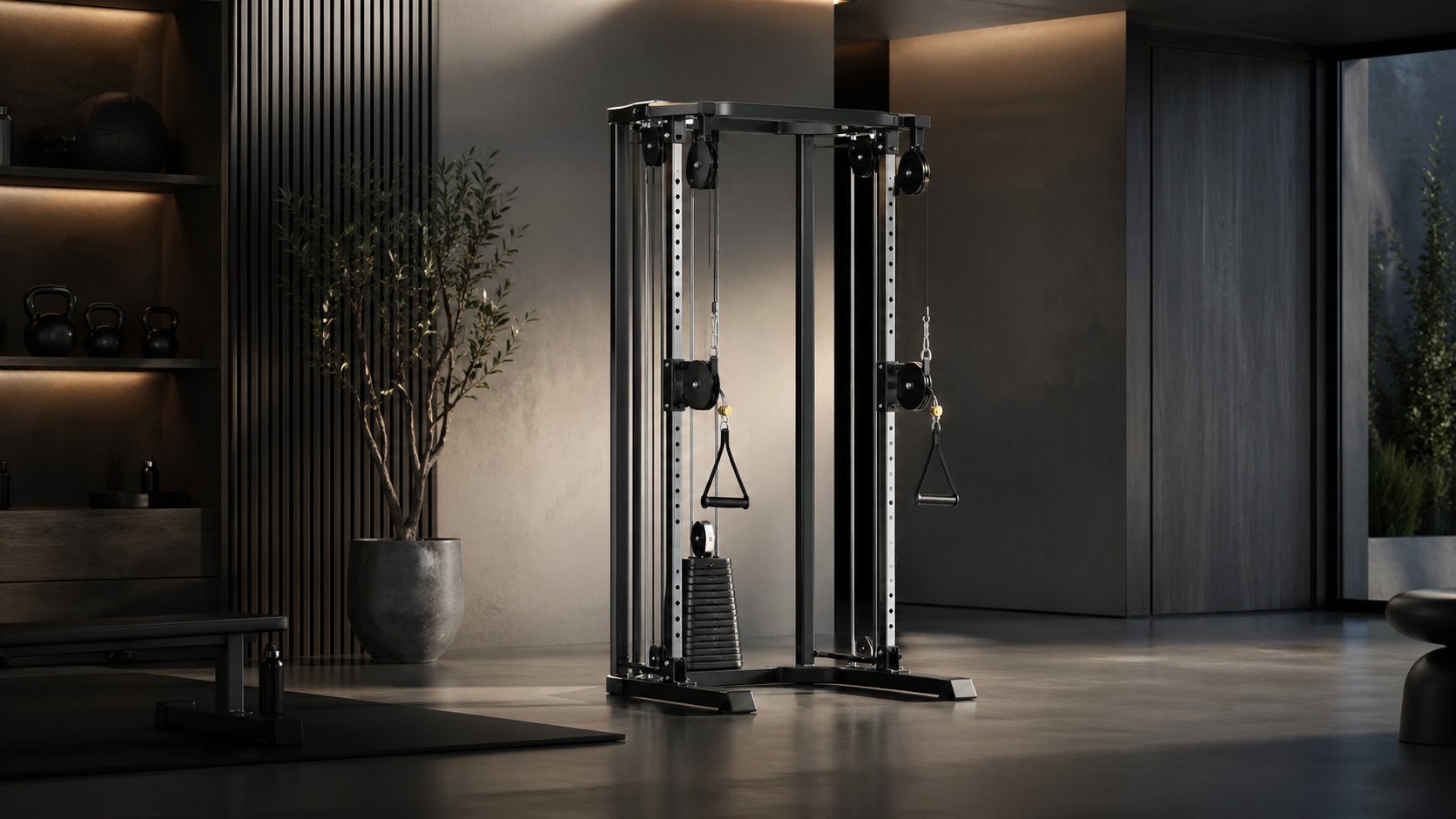 Compact cable machine representing space-saving home gym equipment