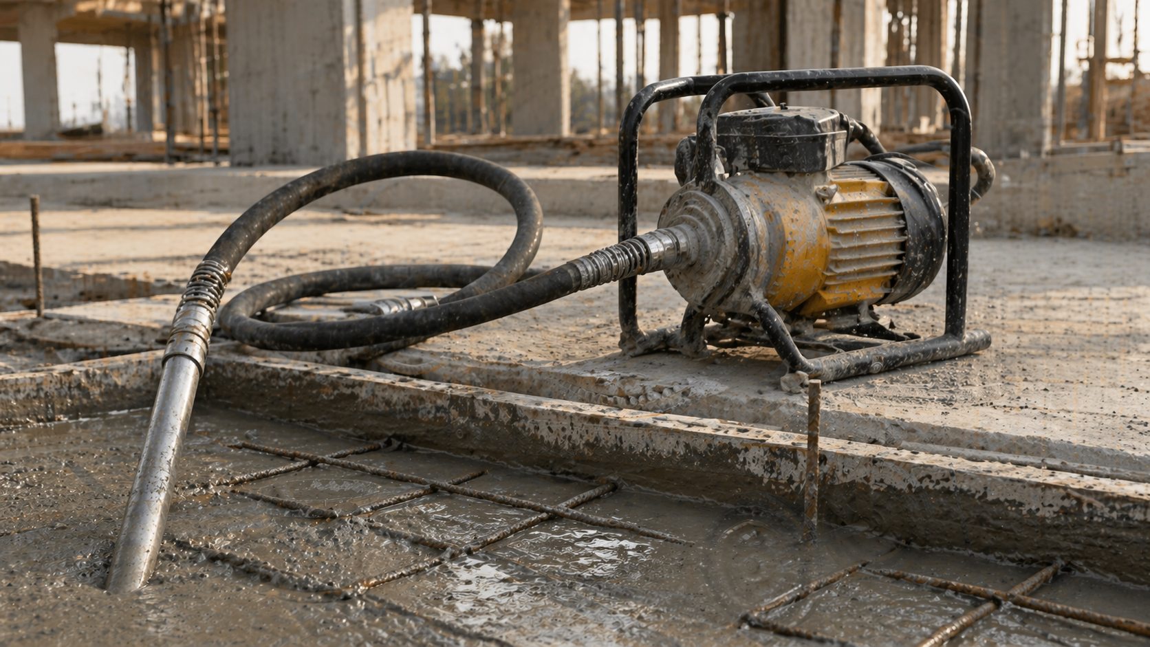 Concrete vibrator removing air pockets from poured concrete