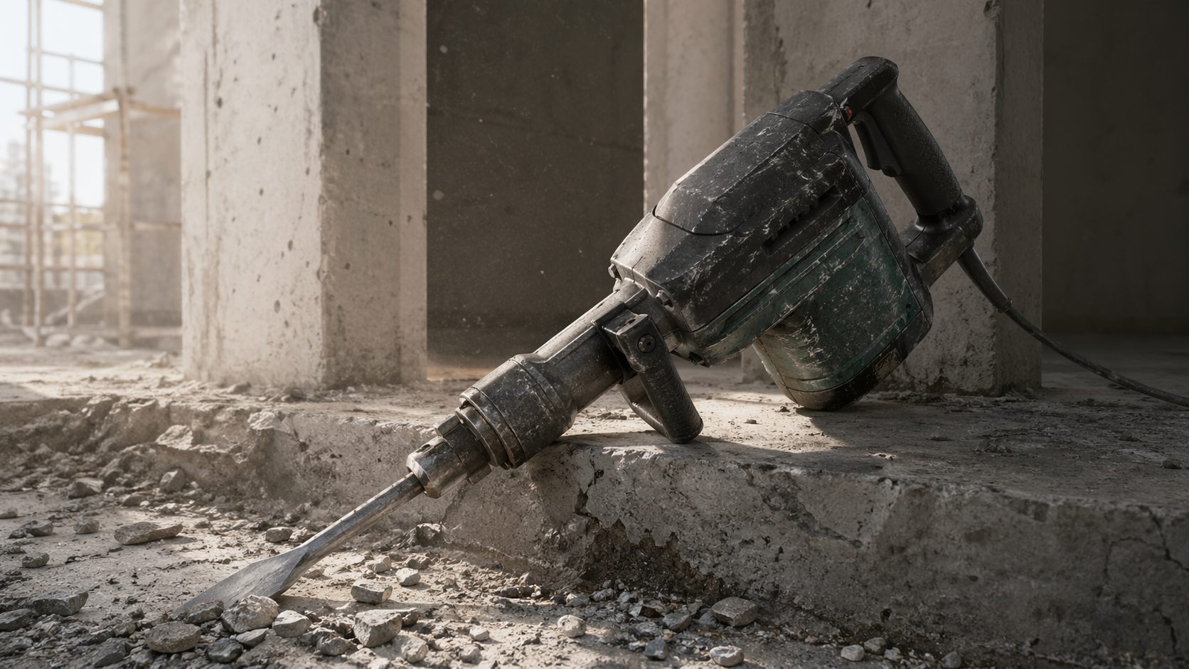 Demolition hammer breaking concrete slab