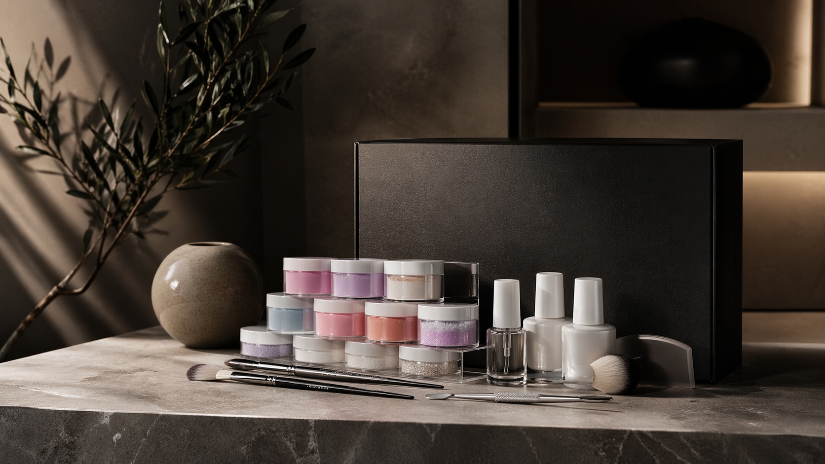 Dip powder nail kit with colored powders and application liquids