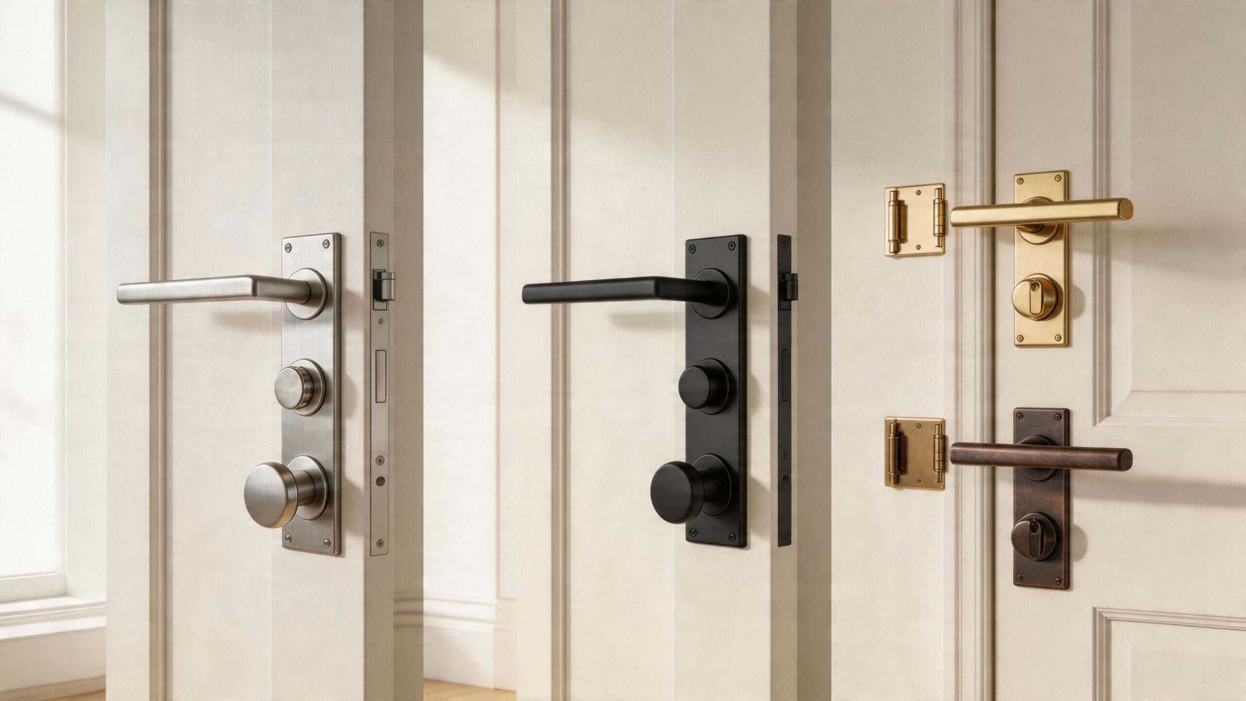 Door hardware representing handles knobs hinges and deadbolts
