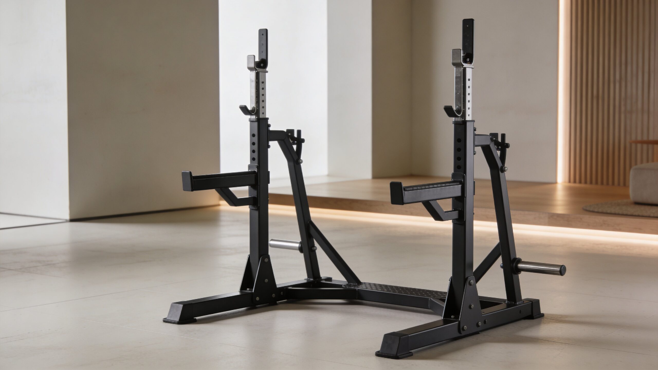 Folding squat rack representing wall-mounted space-saving rack reviews