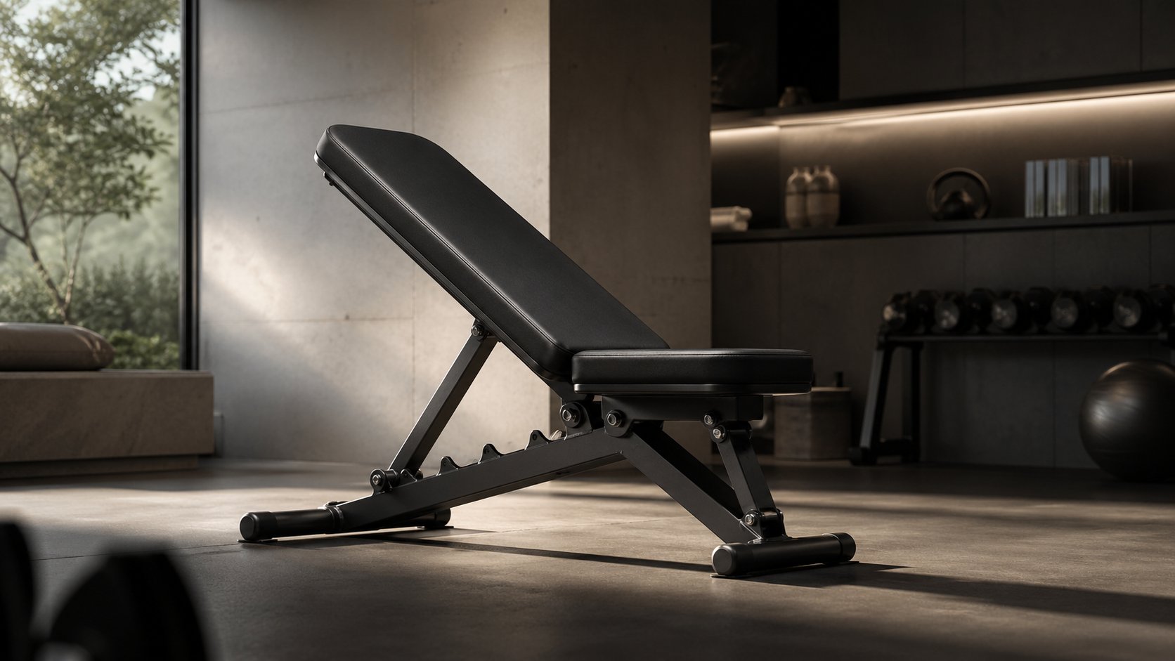 Folding weight bench representing compact home gym storage