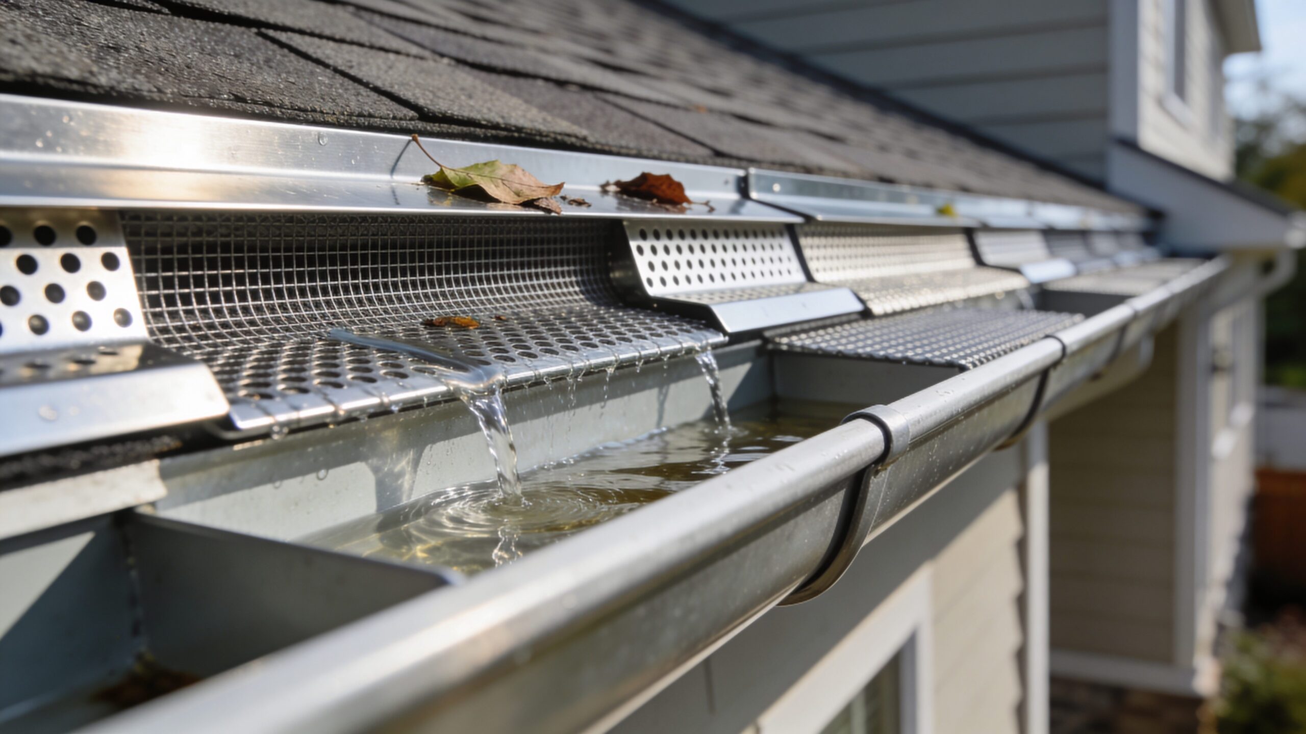 Gutter guards installed on roof gutters preventing debris buildup