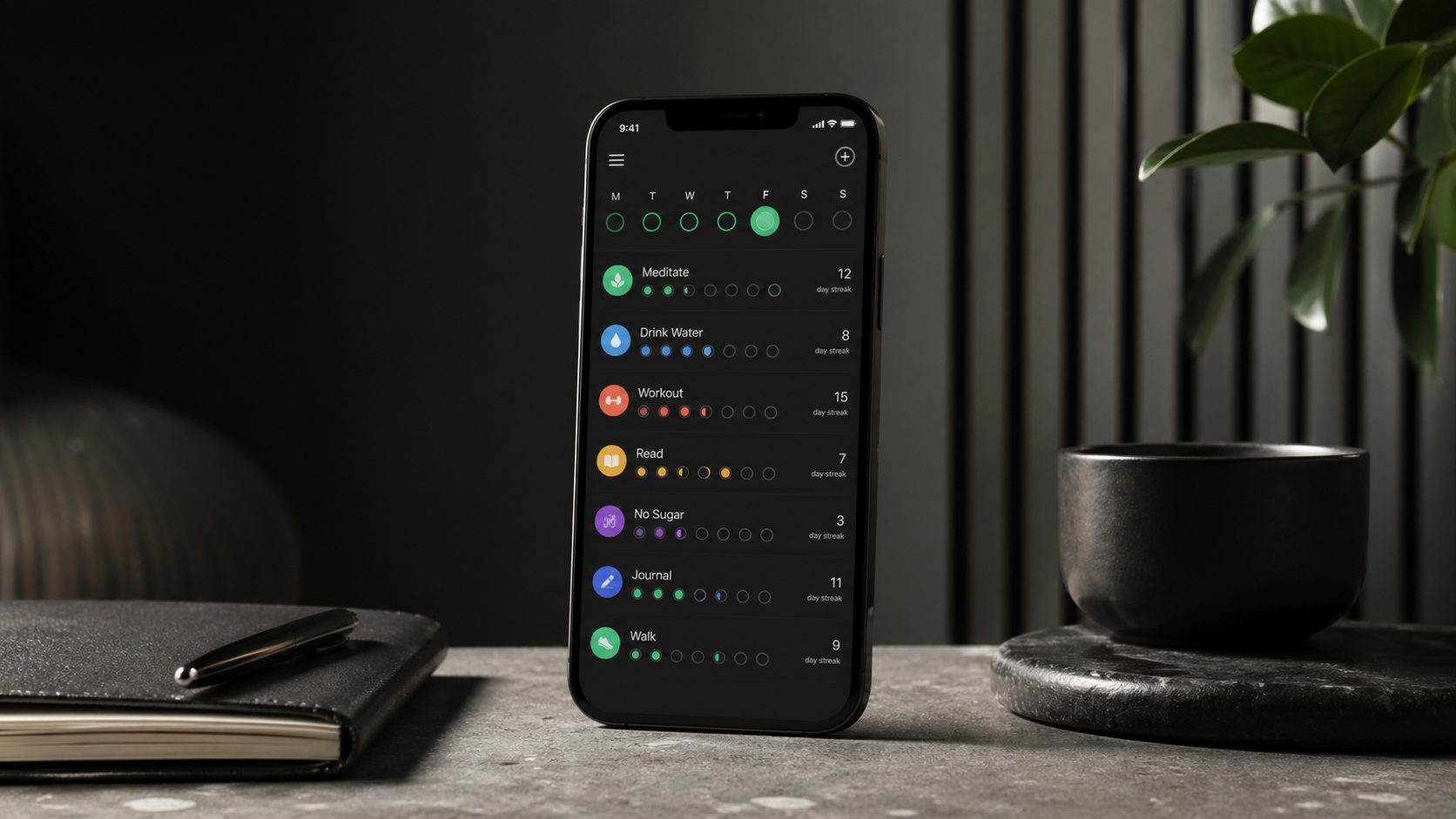 Habit tracking app showing streaks and progress charts