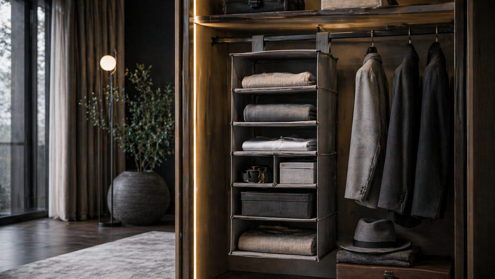 Hanging closet organizer with folded clothes and accessories