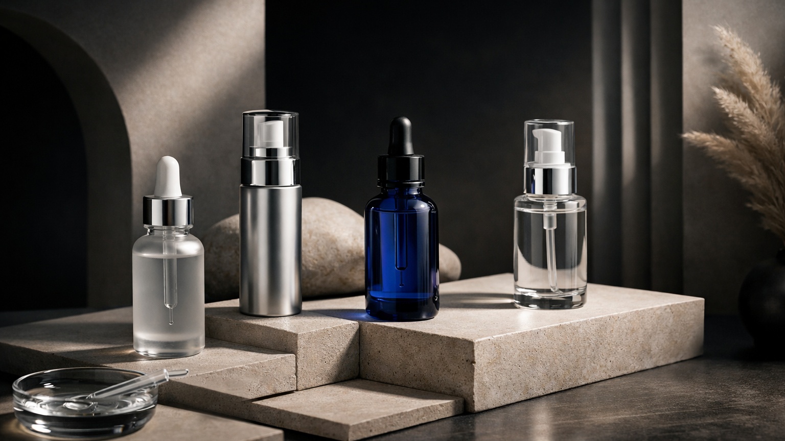 Hydrating serum with water droplets and glass bottle
