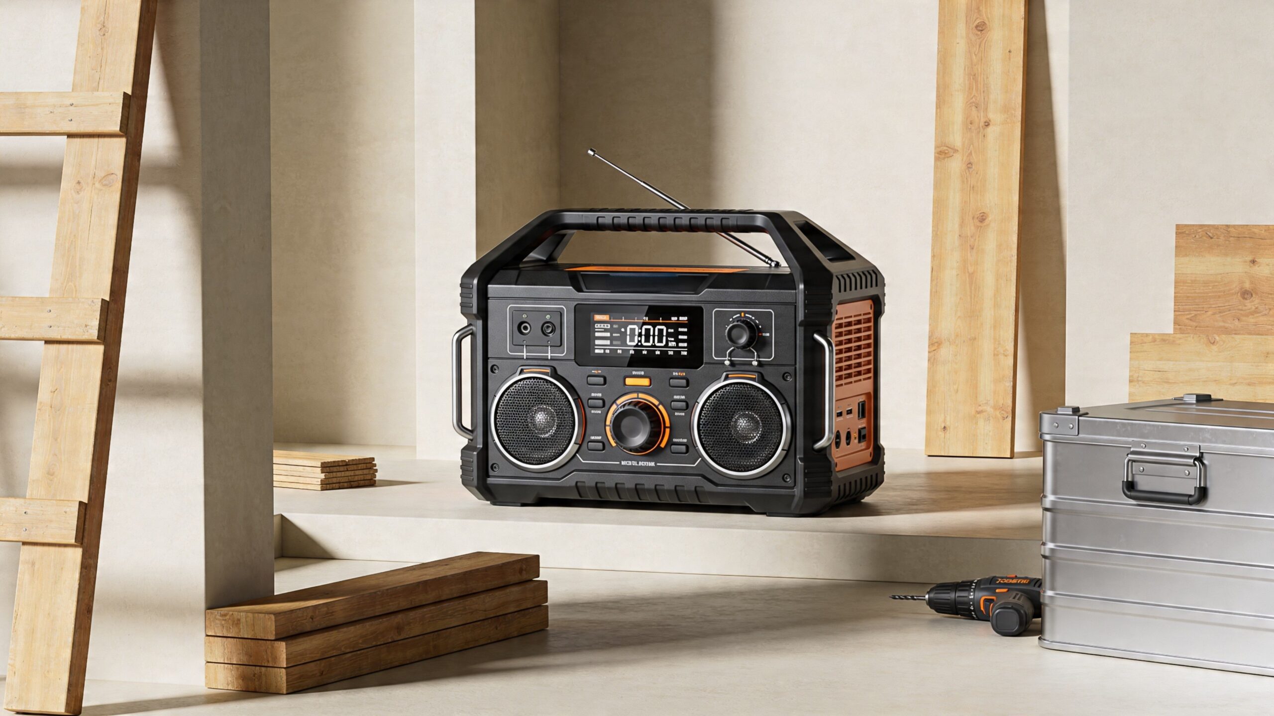 Rugged jobsite radio on a workbench