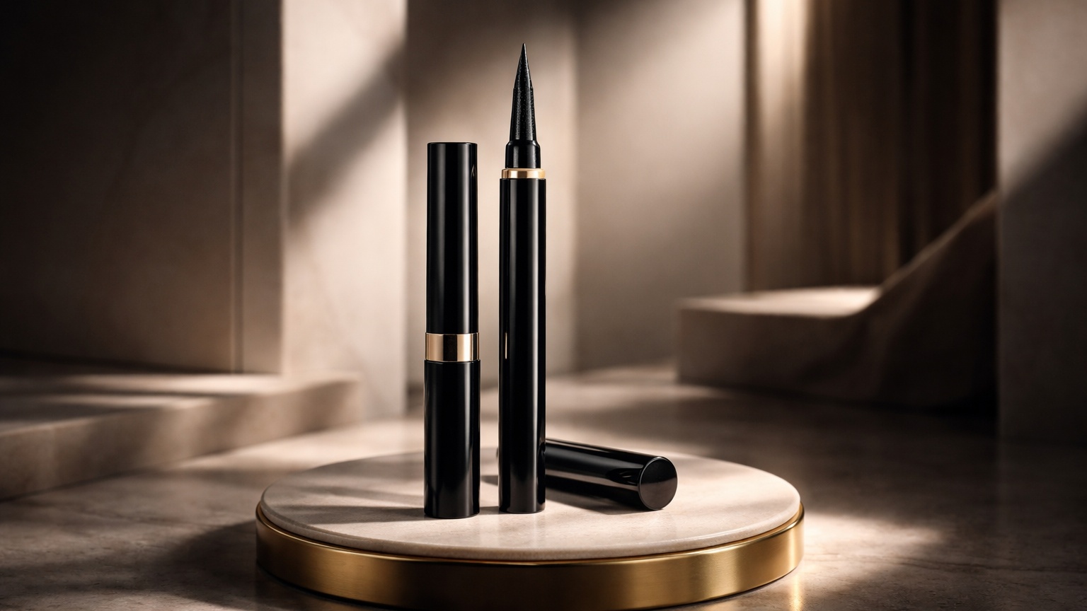 Liquid eyeliner creating sharp winged lines