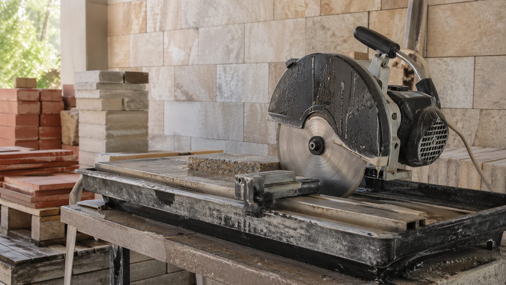 Masonry saw cutting brick and concrete blocks