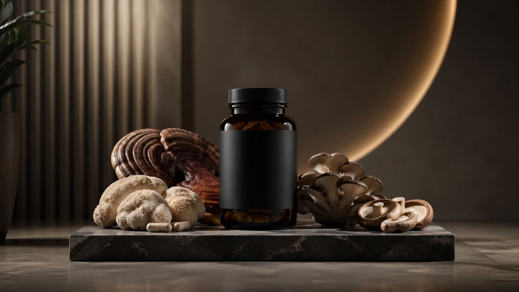 Mushroom supplements representing cognitive and wellness support