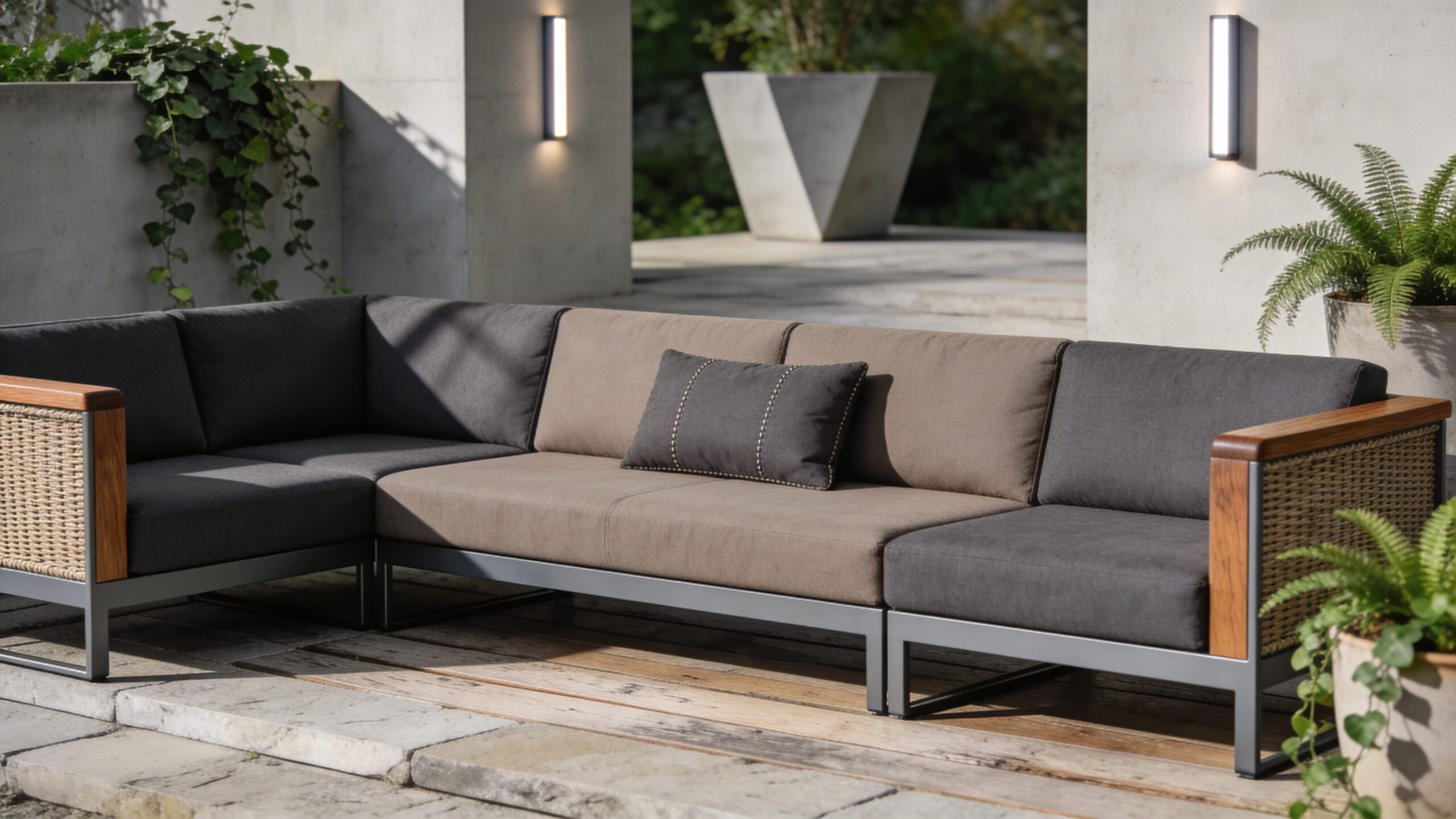 Outdoor sofa setup on a modern patio
