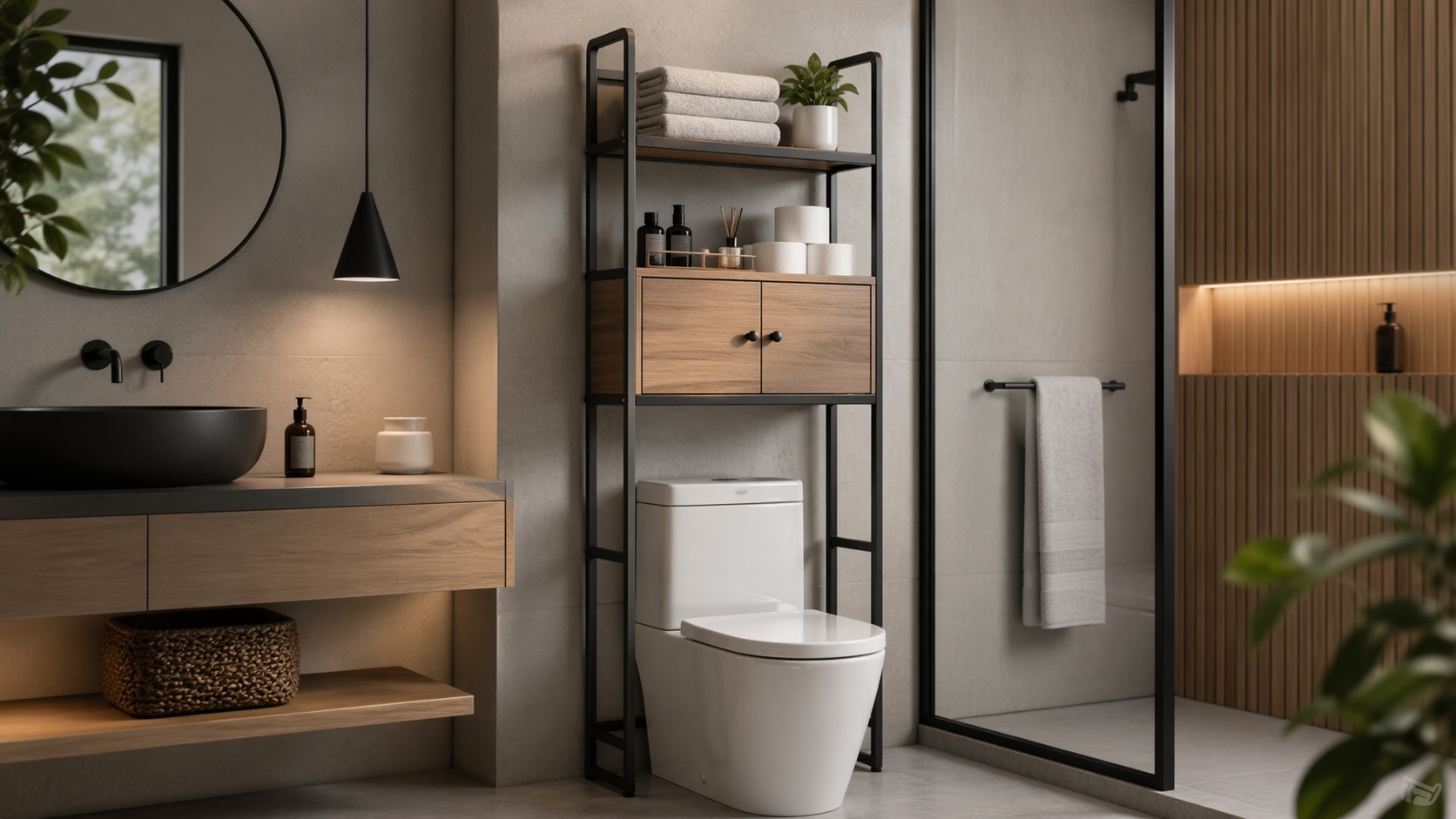 Over toilet storage maximizing vertical bathroom space
